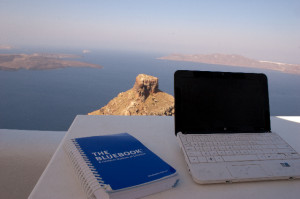 Beautiful Santorini with Blue Book citation manual.